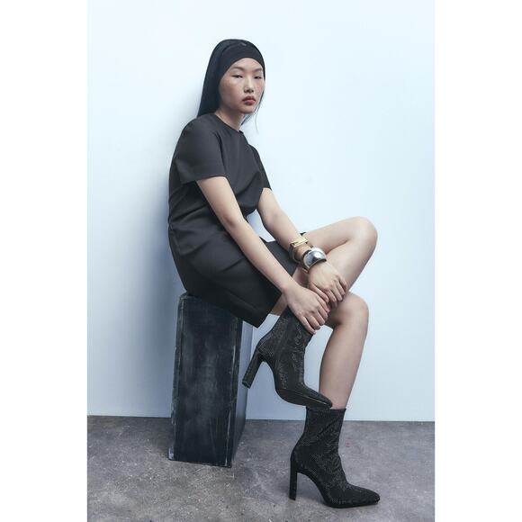 NWT ZARA Women’s Black Rhinestone Heeled Ankle Boots Size 8.5 US 38-39 EU - Picture 2 of 16